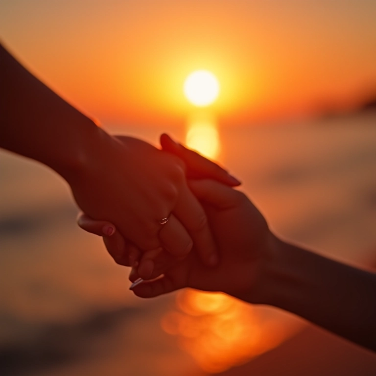 Mãos entrelaçadas com anel de noivado ao pôr do sol no Brasil.