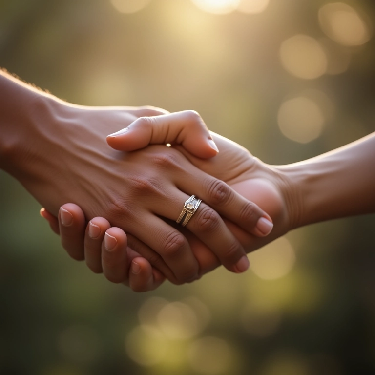Mãos entrelaçadas, uma com aliança, simbolizando amor e compromisso.