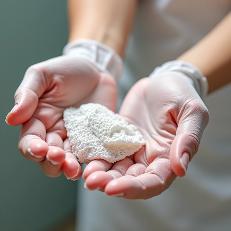 Mãos limpando luvas de renda delicadamente.