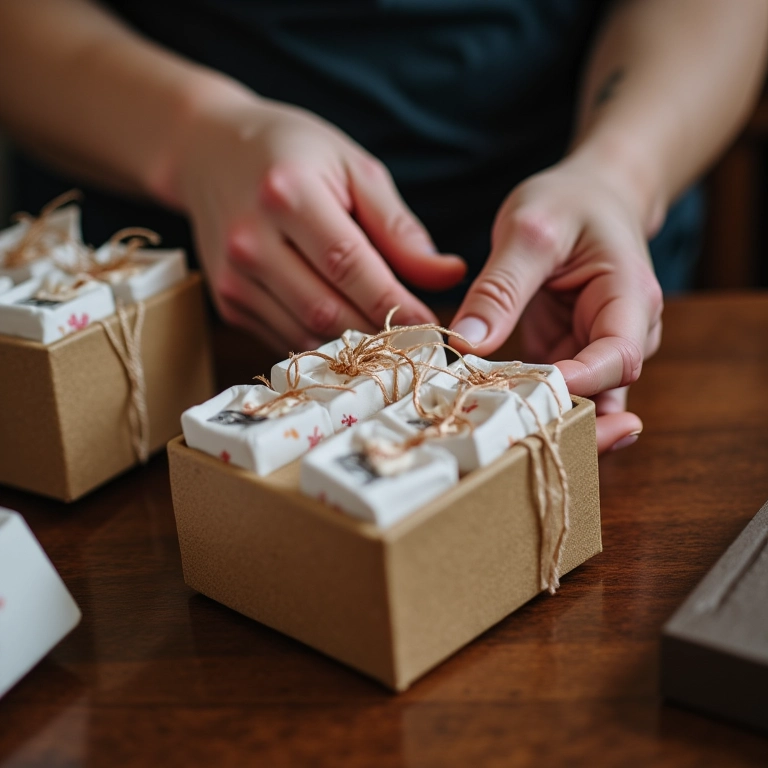 Mãos organizando lembrancinhas em caixa decorativa.