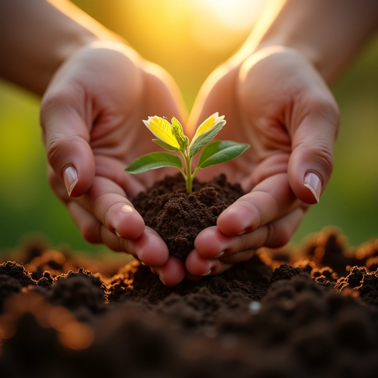 Mãos plantando sementes de flores, simbolizando um novo começo.