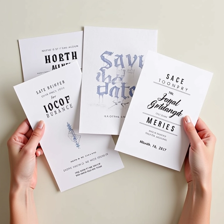 Mãos segurando modelos de Save the Date.