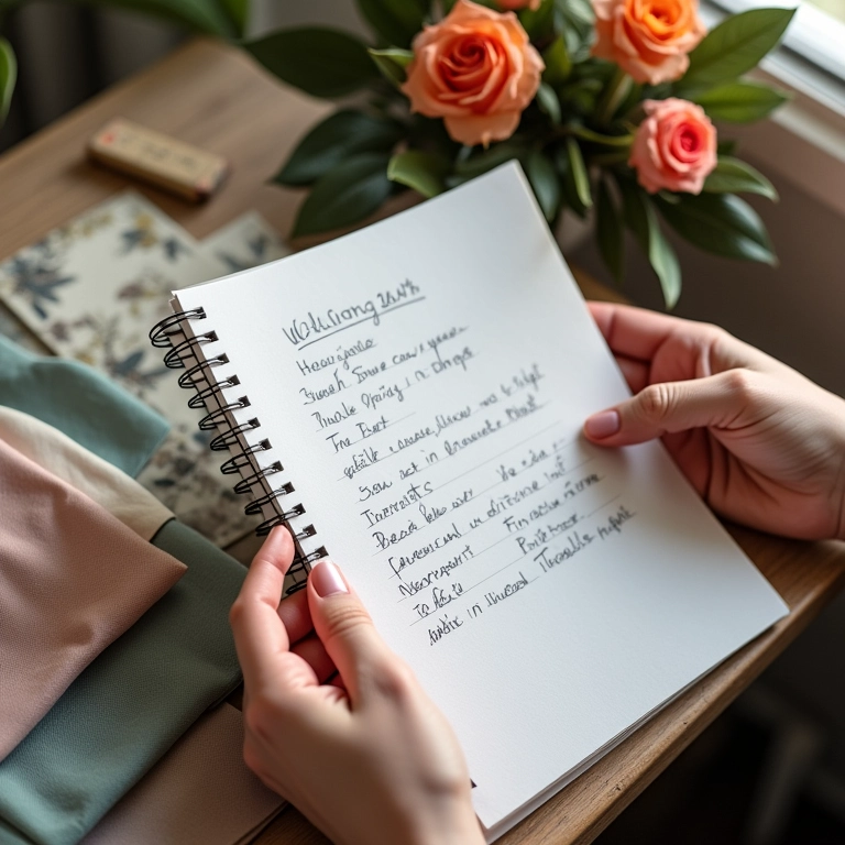 Mãos segurando um caderno com anotações de planejamento de casamento, cercado de flores.