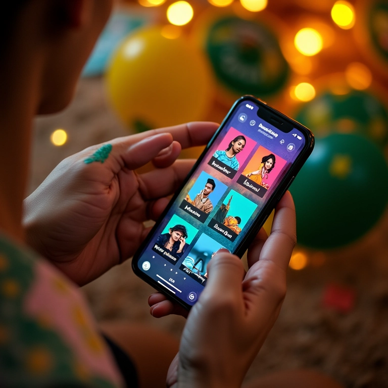 Mãos selecionando músicas em app com tema brasileiro.