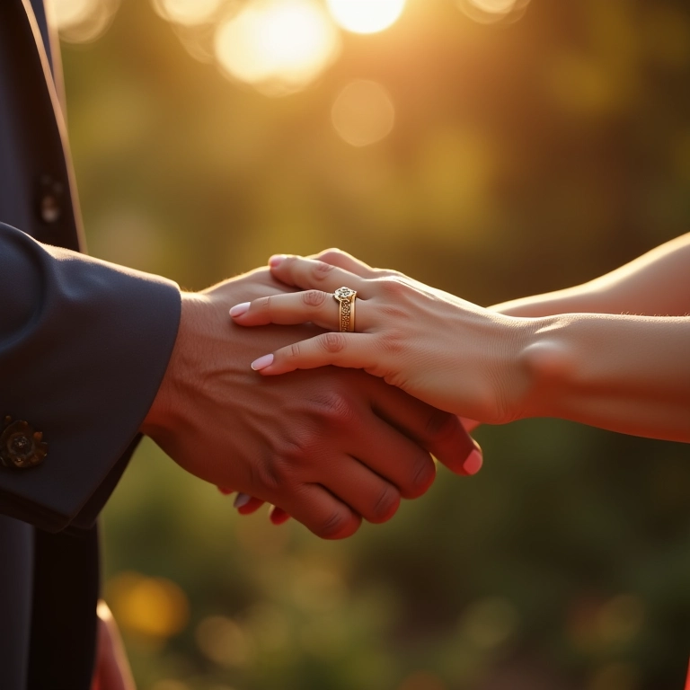 Mãos trocando alianças durante bênção em casamento com decoração vibrante.