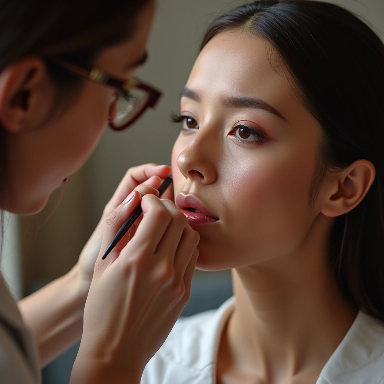 Maquiadora ajustando os detalhes da maquiagem de noiva.