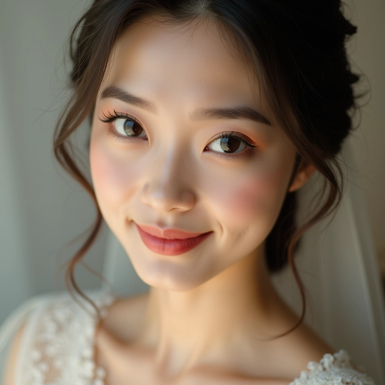 Maquiagem impecável para noiva oriental realçando sua beleza natural.