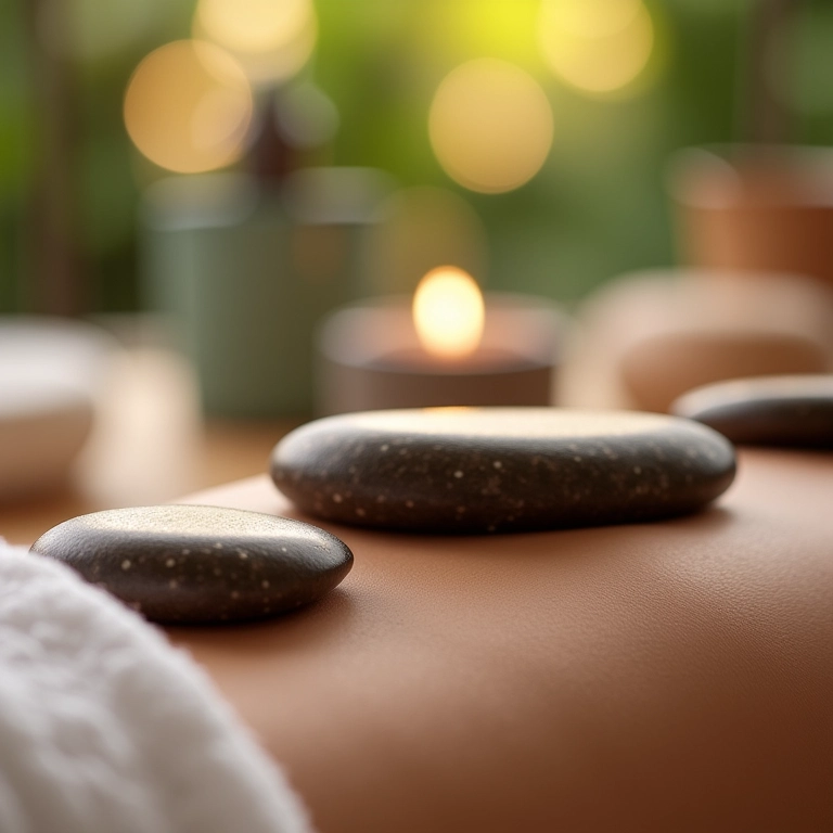 Massagem relaxante com pedras quentes em spa durante lua de mel.