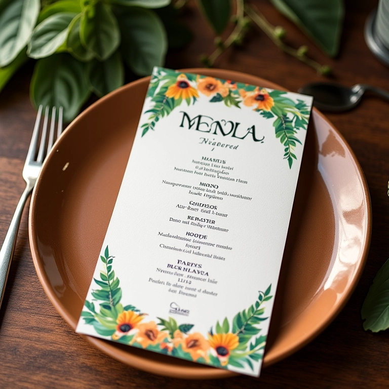 Menu de casamento com ilustrações de pratos brasileiros.