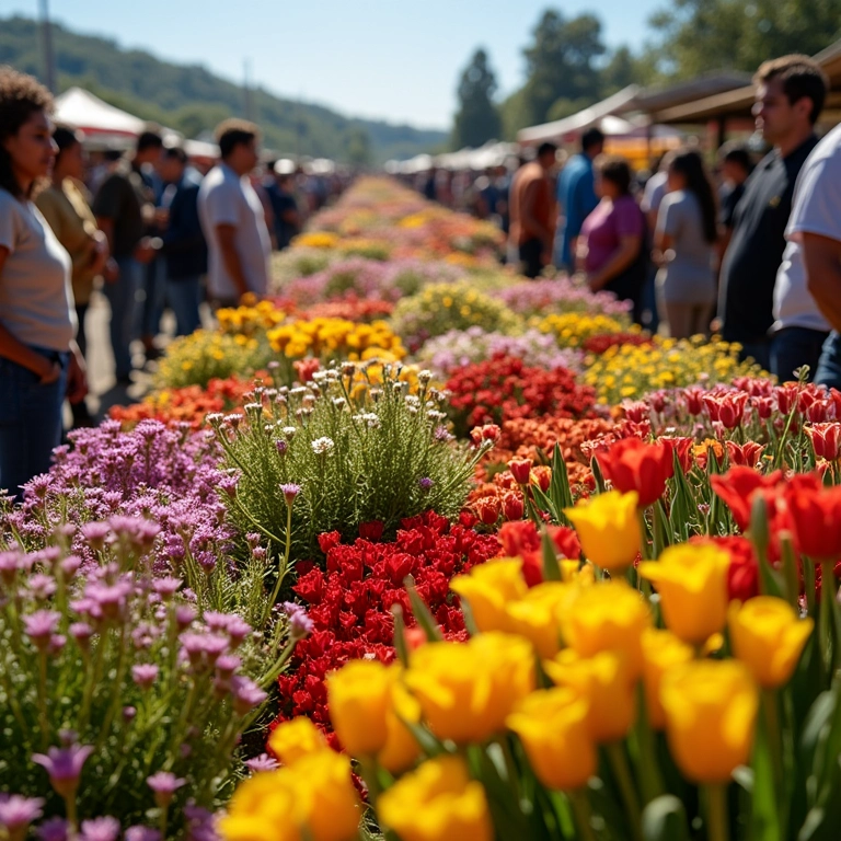 Mercado de flores brasileiro com vendedores oferecendo flores do campo.