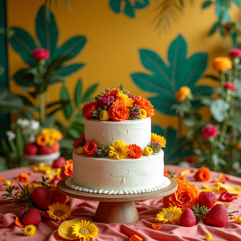 Mesa de bolo decorada em um chá de panela vibrante com estilo brasileiro.
