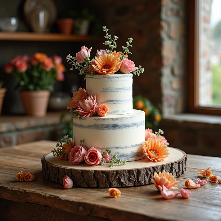 Mesa de bolo rústica com decoração campestre e bolo decorado.