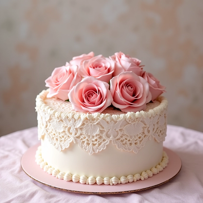Mesa de bolo rústica com decoração romântica e delicada.