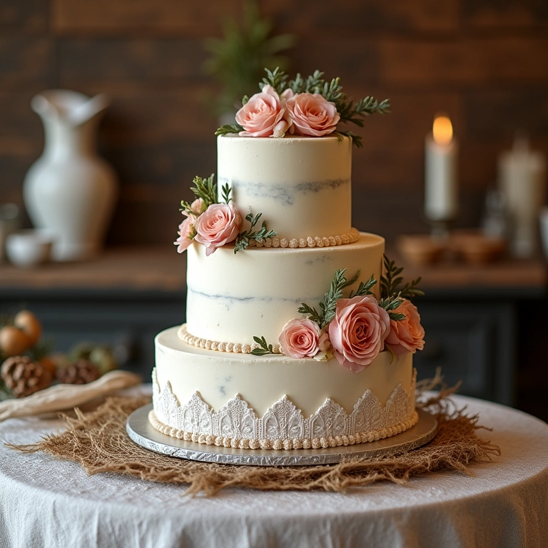 Mesa de bolo rústica com detalhes charmosos como juta e renda.