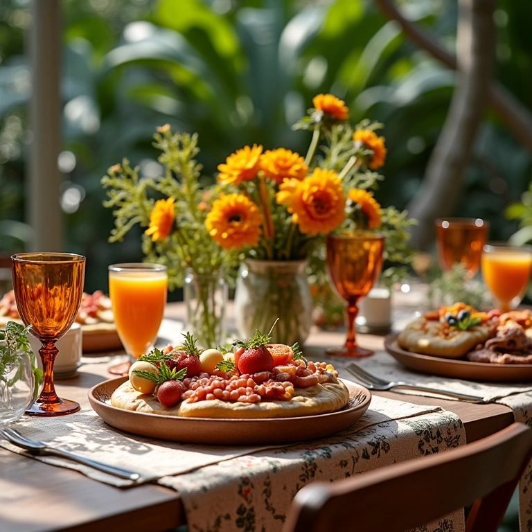 Mesa de brunch decorada em estilo boêmio com louças coloridas e flores.