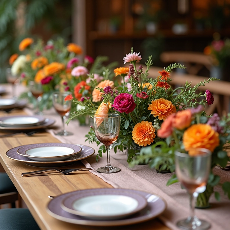 Mesa de casamento decorada com flores coloridas e detalhes rústicos.