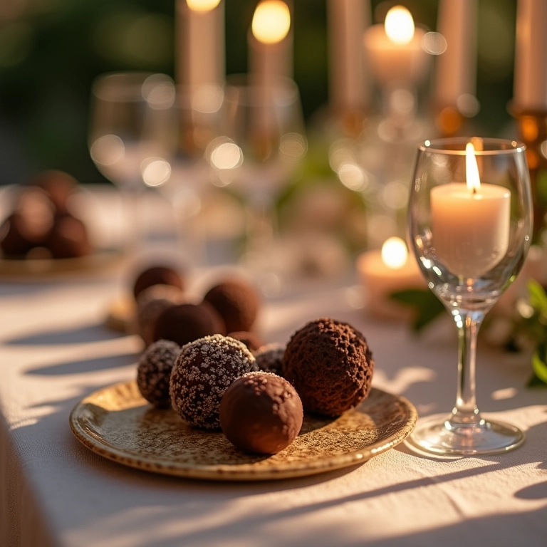 Mesa de casamento elegante com brigadeiros gourmet como lembrancinhas.