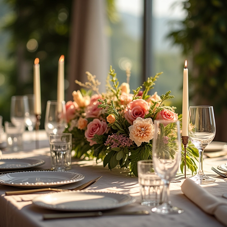 Mesa de casamento elegantemente decorada com flores exuberantes e iluminação suave.