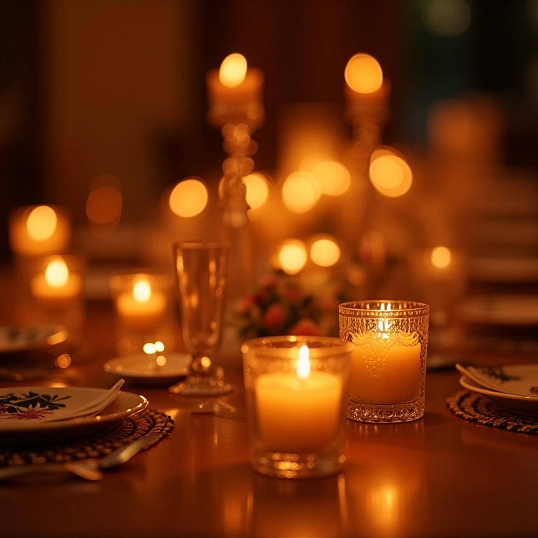 Mesa de casamento iluminada por velas, criando um ambiente romântico e acolhedor.