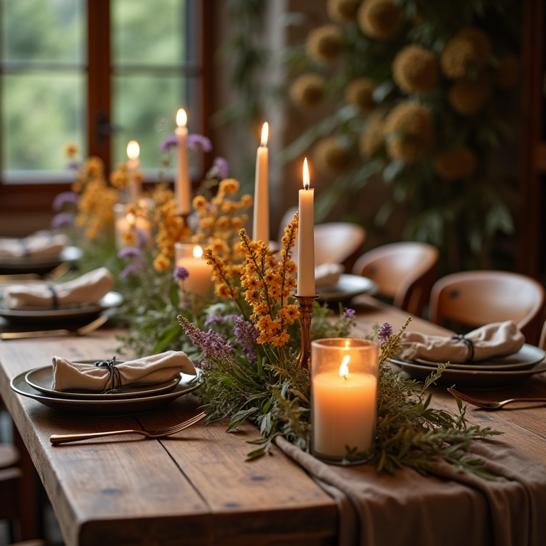 Mesa de casamento rústica com elementos naturais e velas.