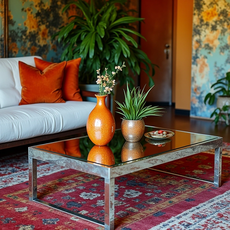 Mesa de centro espelhada harmonizando com sala brasileira colorida.