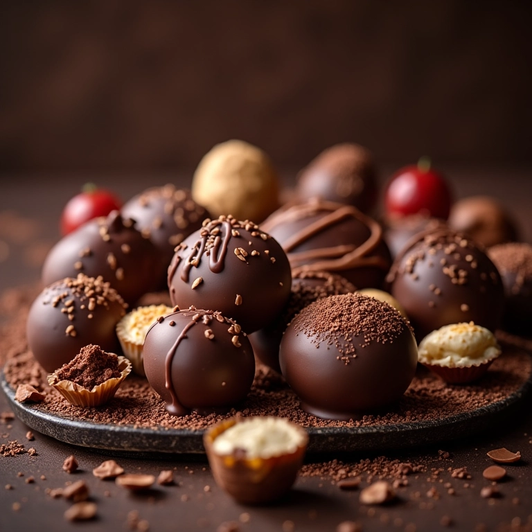 Mesa de chocolates exuberante com variedade de doces finos.