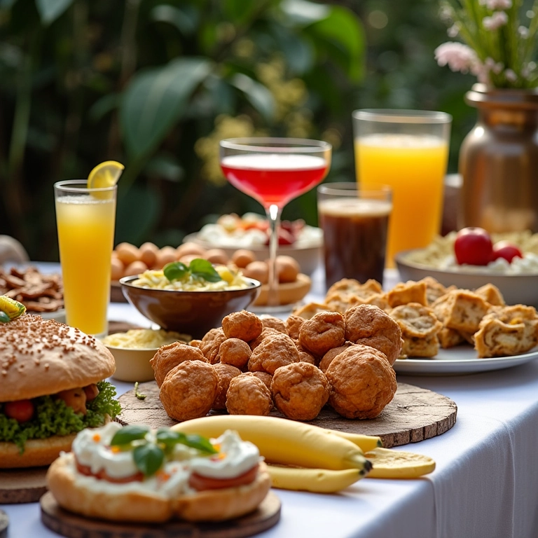 Mesa de comida e bebida para um chá de panela.