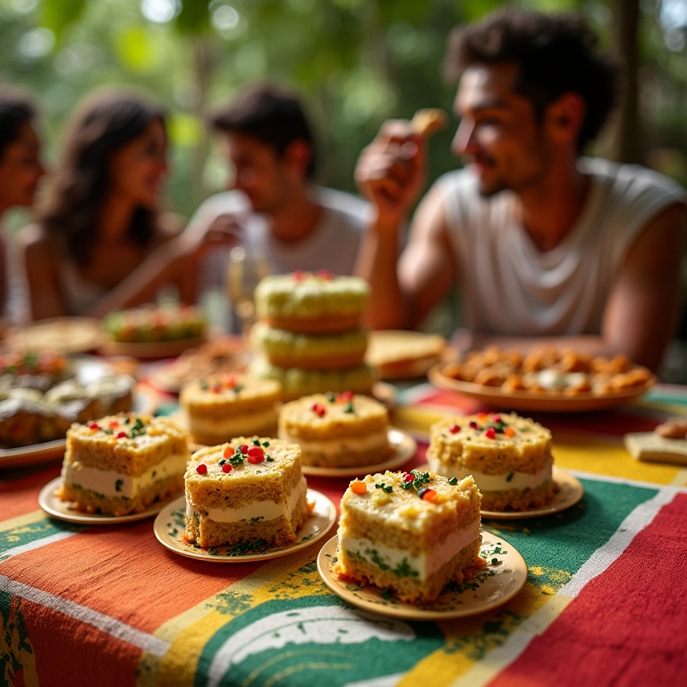 Mesa de festa brasileira colorida com palha italiana em diferentes formatos.