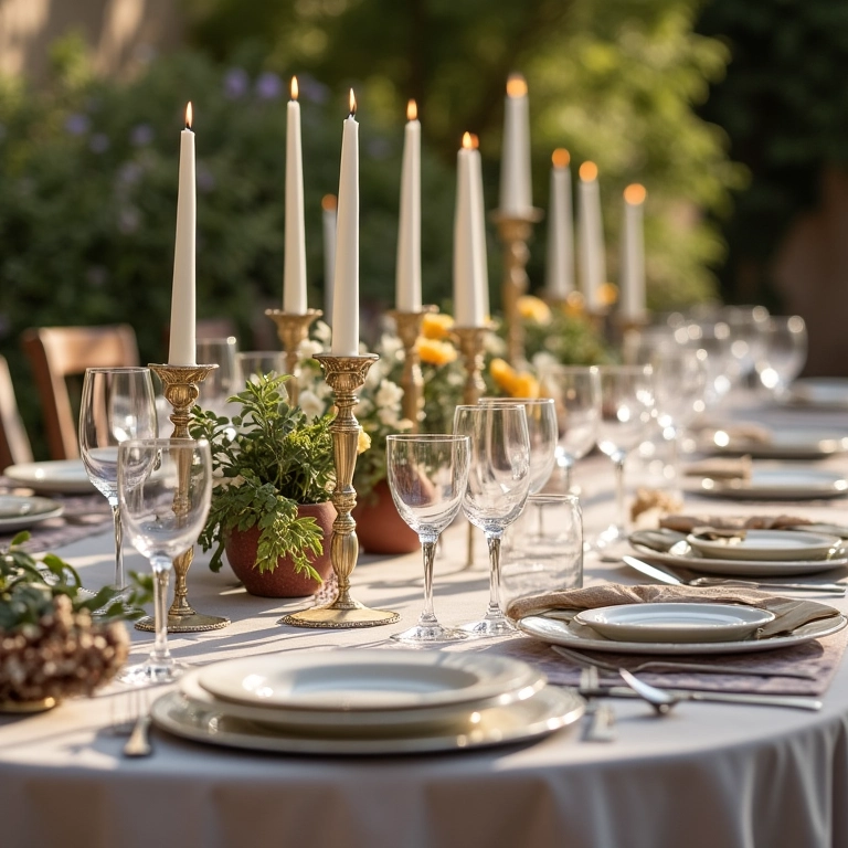 Mesa de festa elegante com louças finas e decoração vibrante.
