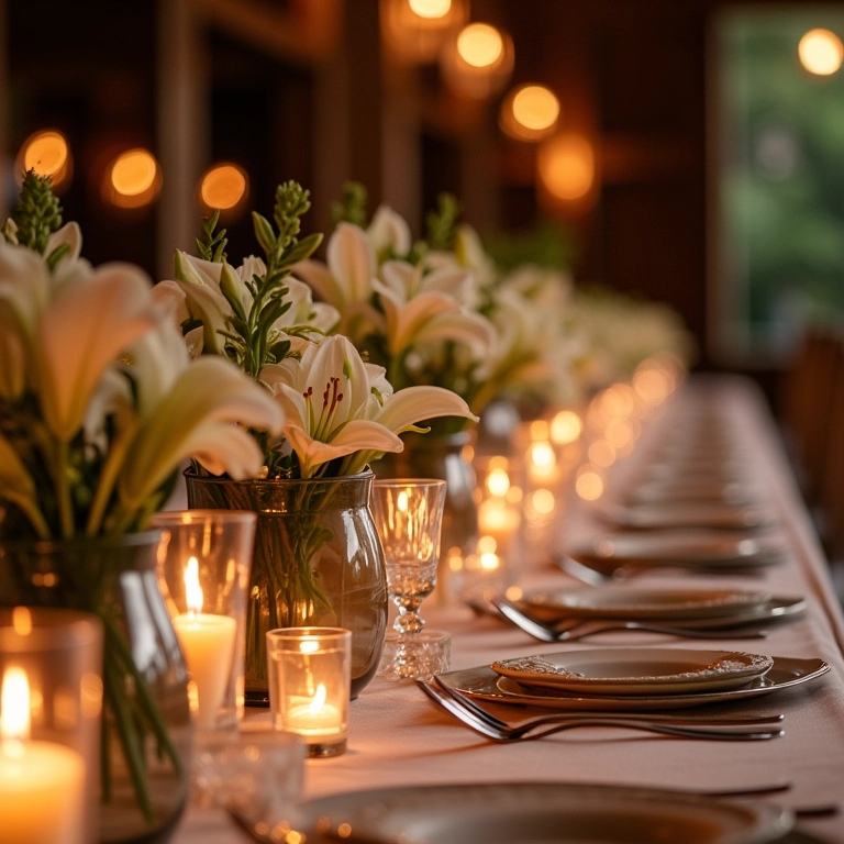Mesa de recepção de casamento decorada com arranjos de lírios e velas.