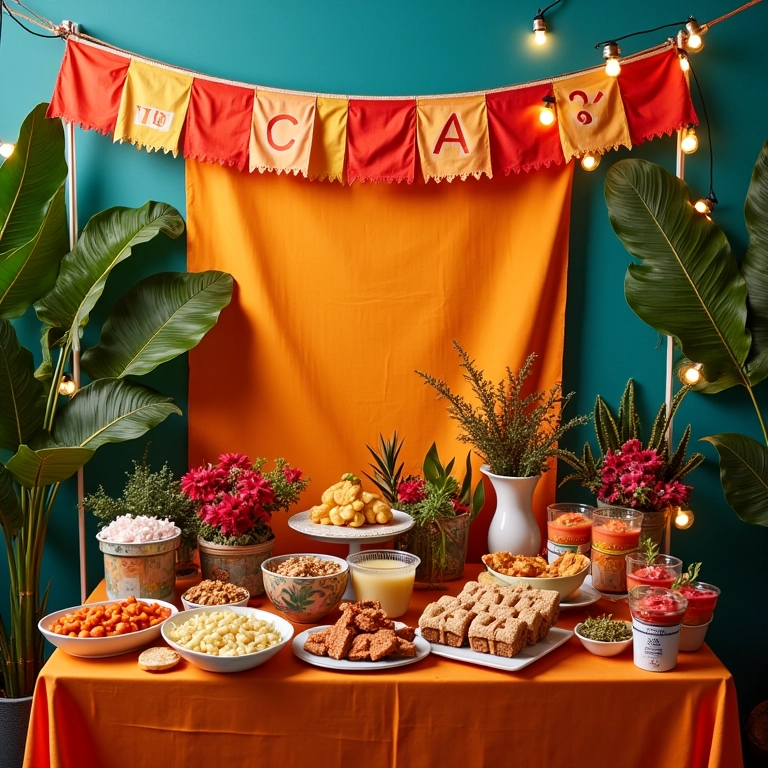 Mesa decorada para Chá Bar com iluminação vibrante e decoração inspirada no estilo Farm Rio.