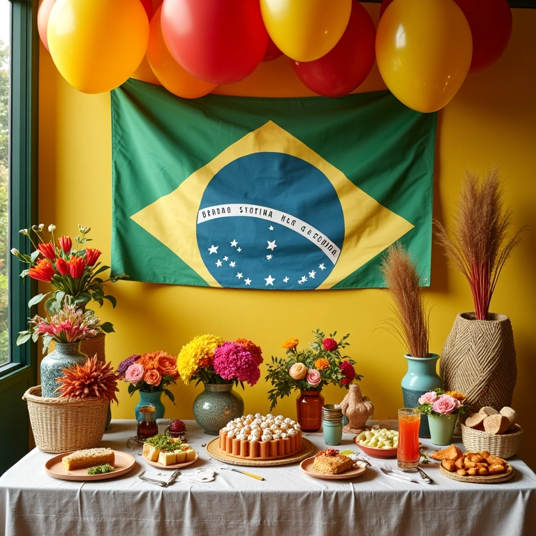 Mesa decorada para chá de cozinha com presentes e flores coloridas.