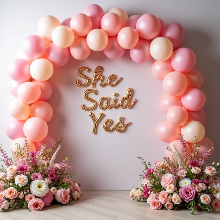 Mesa decorada para chá de panela com balões e flores.
