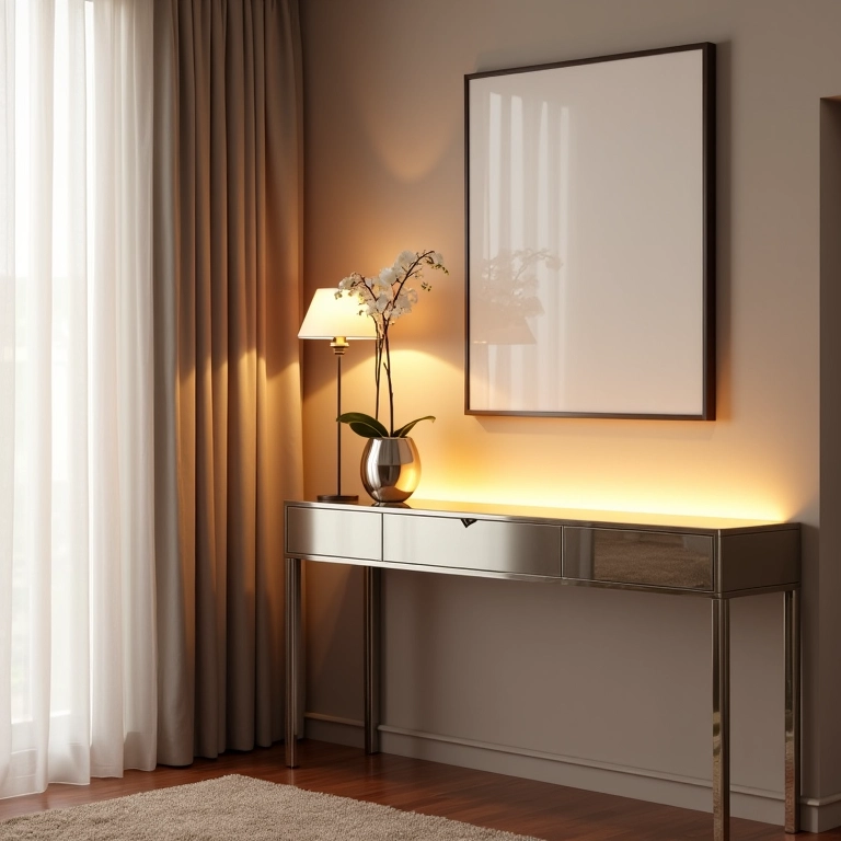 Mesa espelhada em canto de apartamento moderno iluminado por luminária.