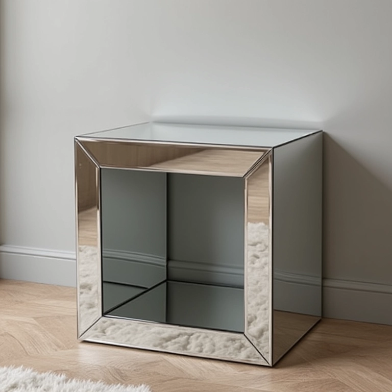 Mesa espelhada moderna com design geométrico.