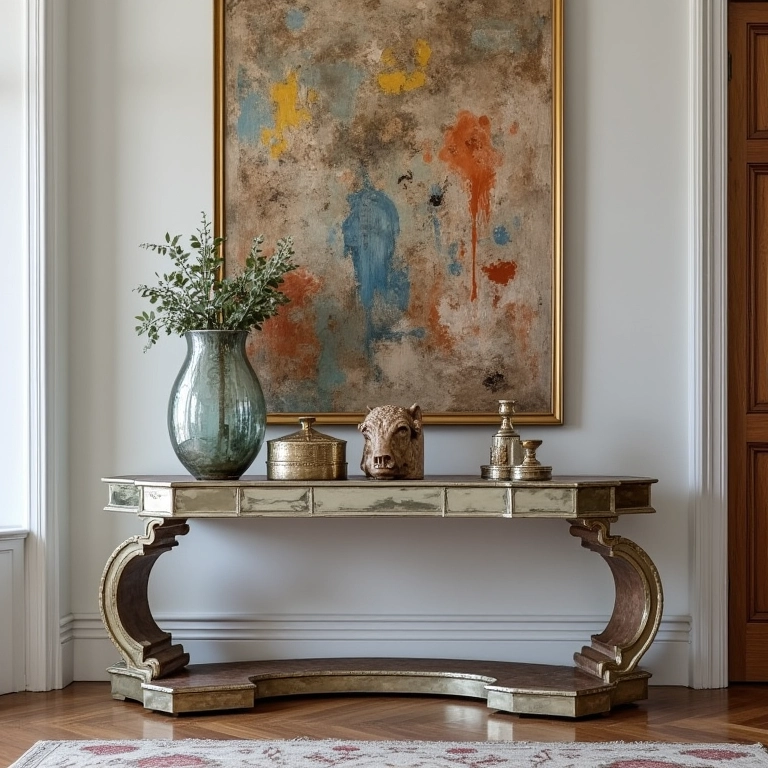 Mesa espelhada personalizada com esculturas e obras de arte.