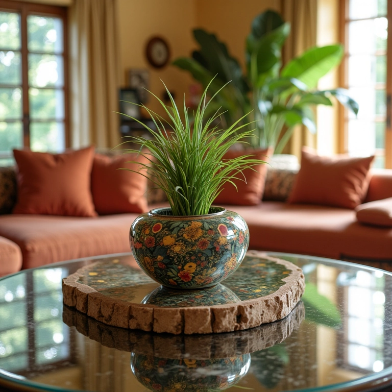 Mesa espelhada refletindo sala de estar brasileira vibrante.