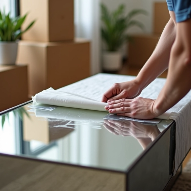 Mesa espelhada sendo embalada para transporte.