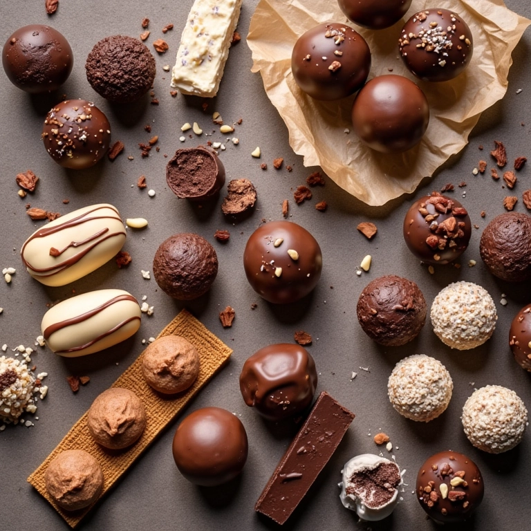 Mesa farta com diversos doces sem lactose: brigadeiro de coco, beijinho de amêndoas e trufas de chocolate.