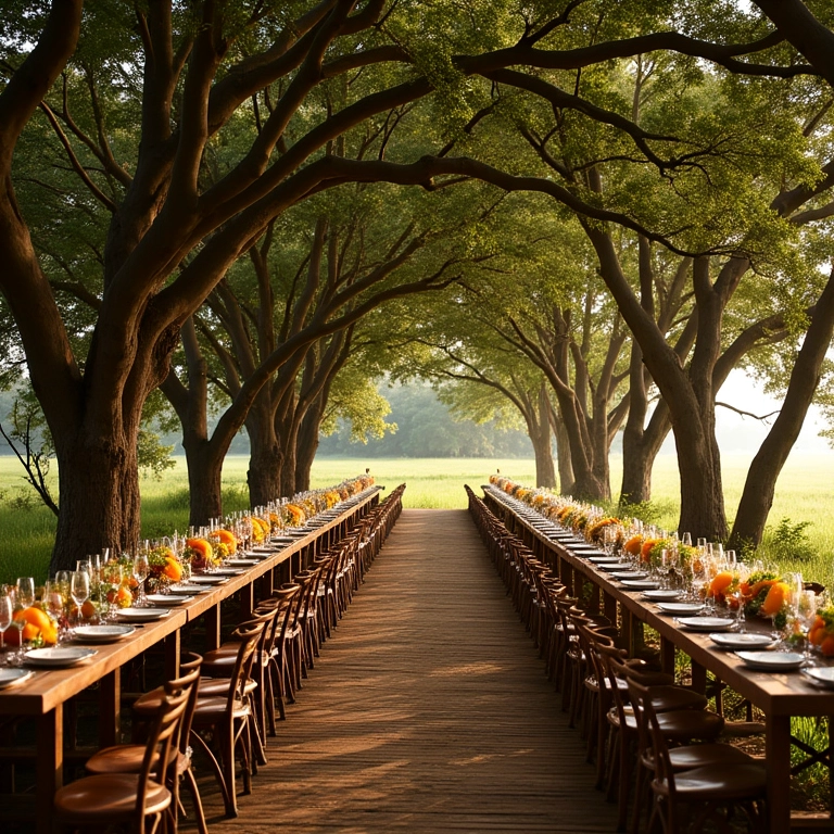 Mesa farta em casamento no campo, com decoração rústica e comida regional.