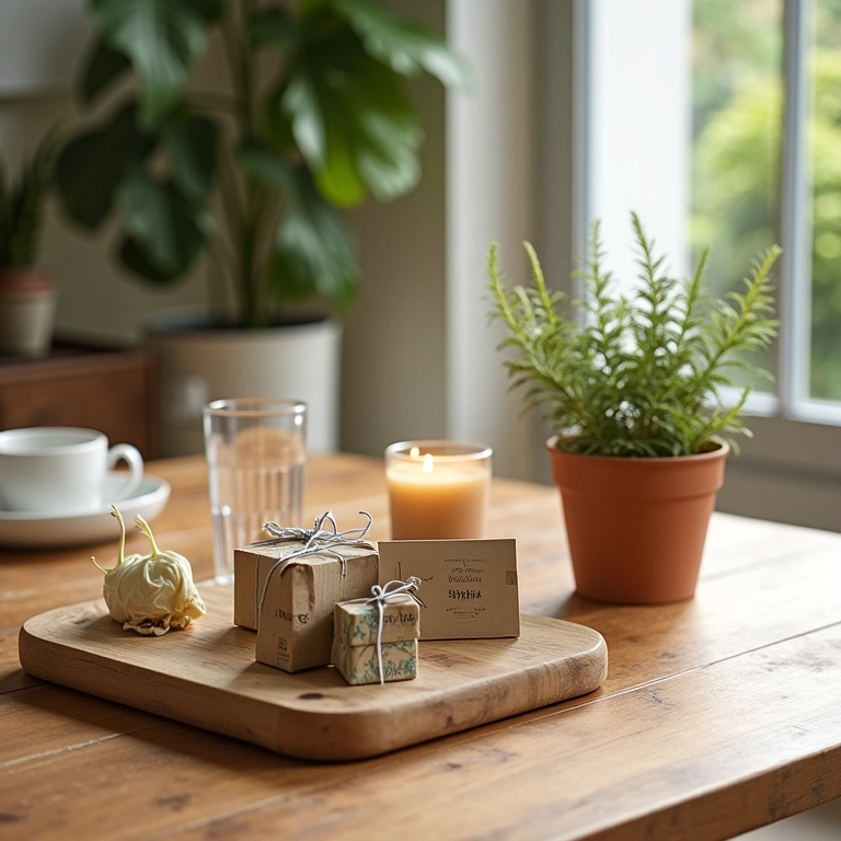Mesa posta com presentes de casa nova em estilo brasileiro.