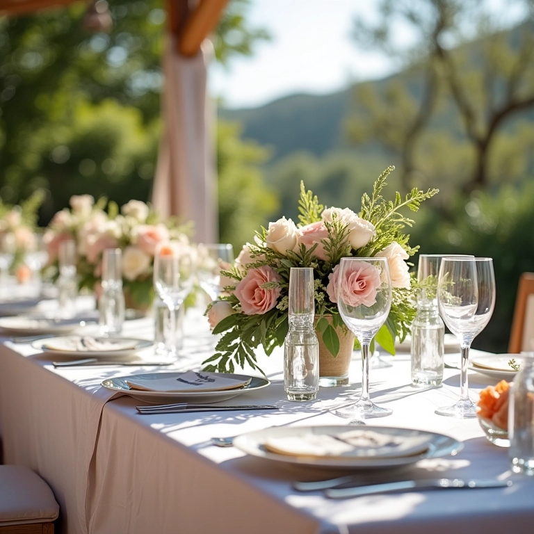 Mesa posta elegante para casamento com decoração floral e iluminação natural.