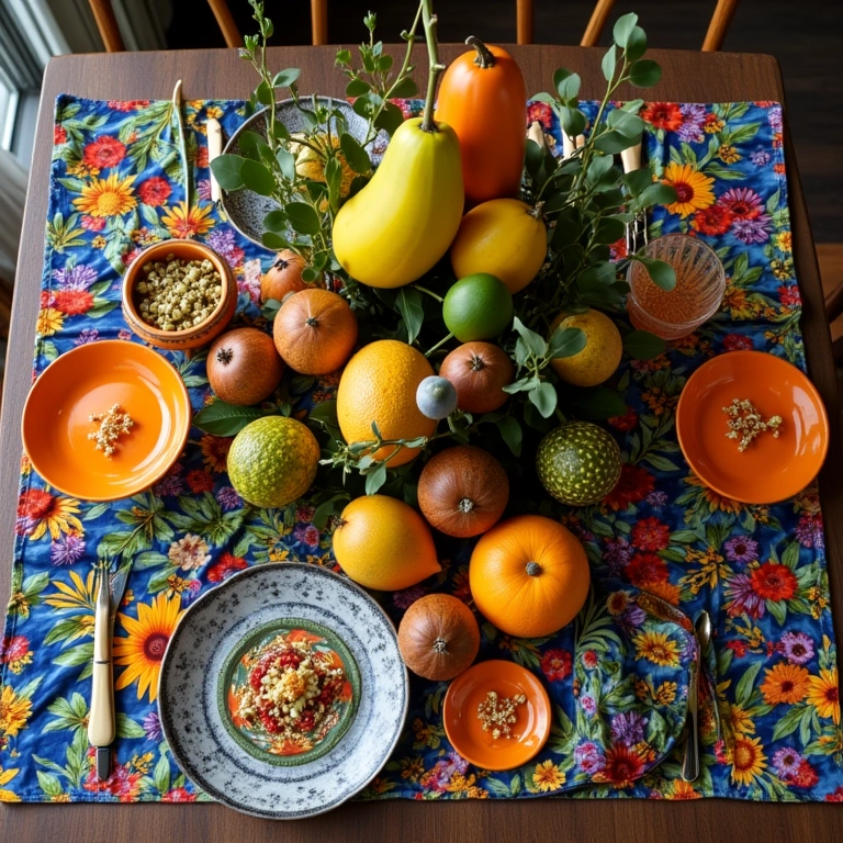 Mesa posta vibrante com tecidos brasileiros e frutas tropicais