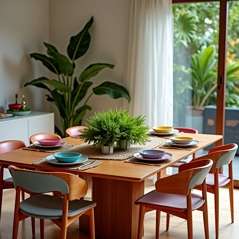 Mesa quadrada moderna com decoração vibrante e iluminação natural.