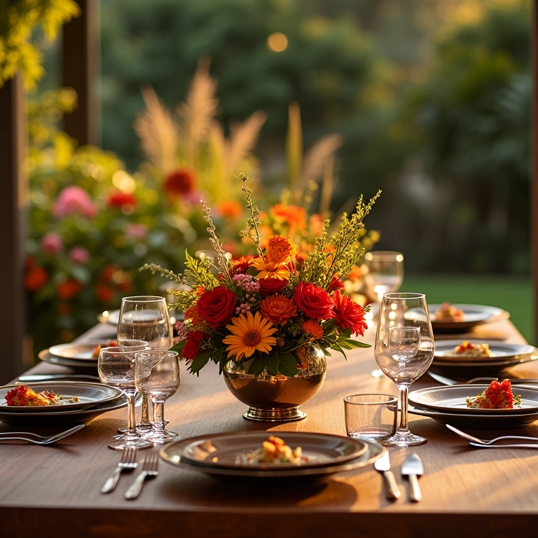Mesa retangular ricamente decorada com centro de mesa floral exuberante, louças finas e iluminação aconchegante.