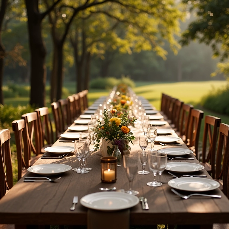 Mesa vazia em recepção de casamento remota, ilustrando as desvantagens de destination weddings.