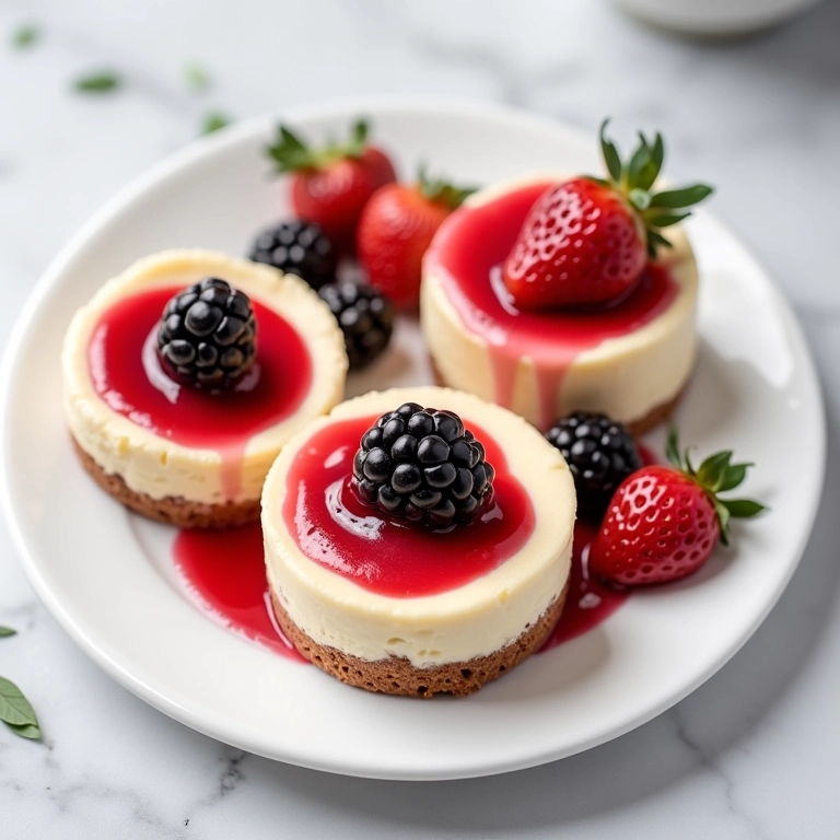 Mini cheesecakes com calda de frutas vermelhas em prato branco.