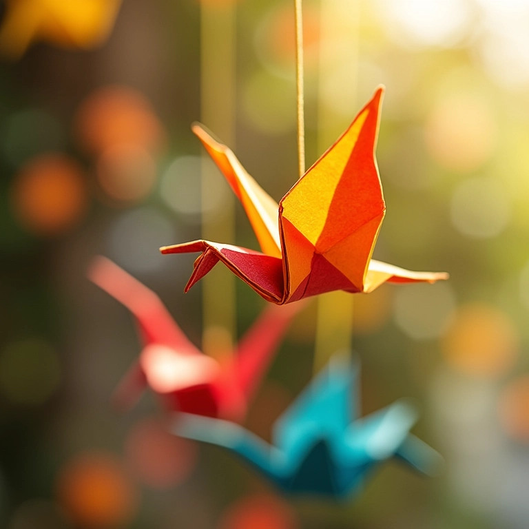 Móbile de origamis coloridos decorando um ambiente aconchegante.