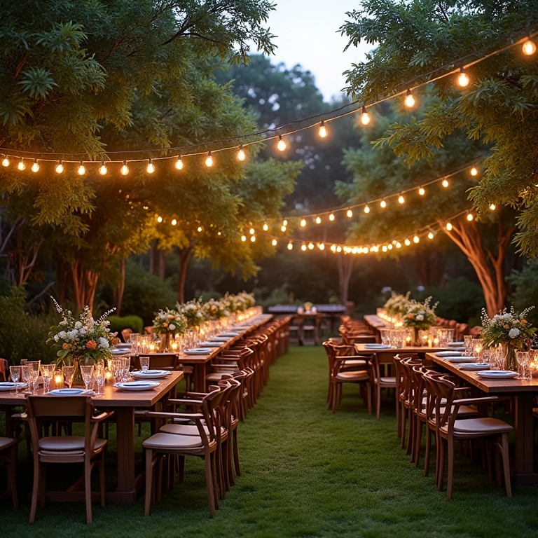 Mobiliário rústico para festa de casamento ao ar livre.