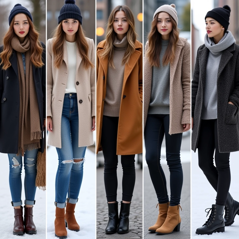 Montagem de looks de inverno para diferentes ocasiões.